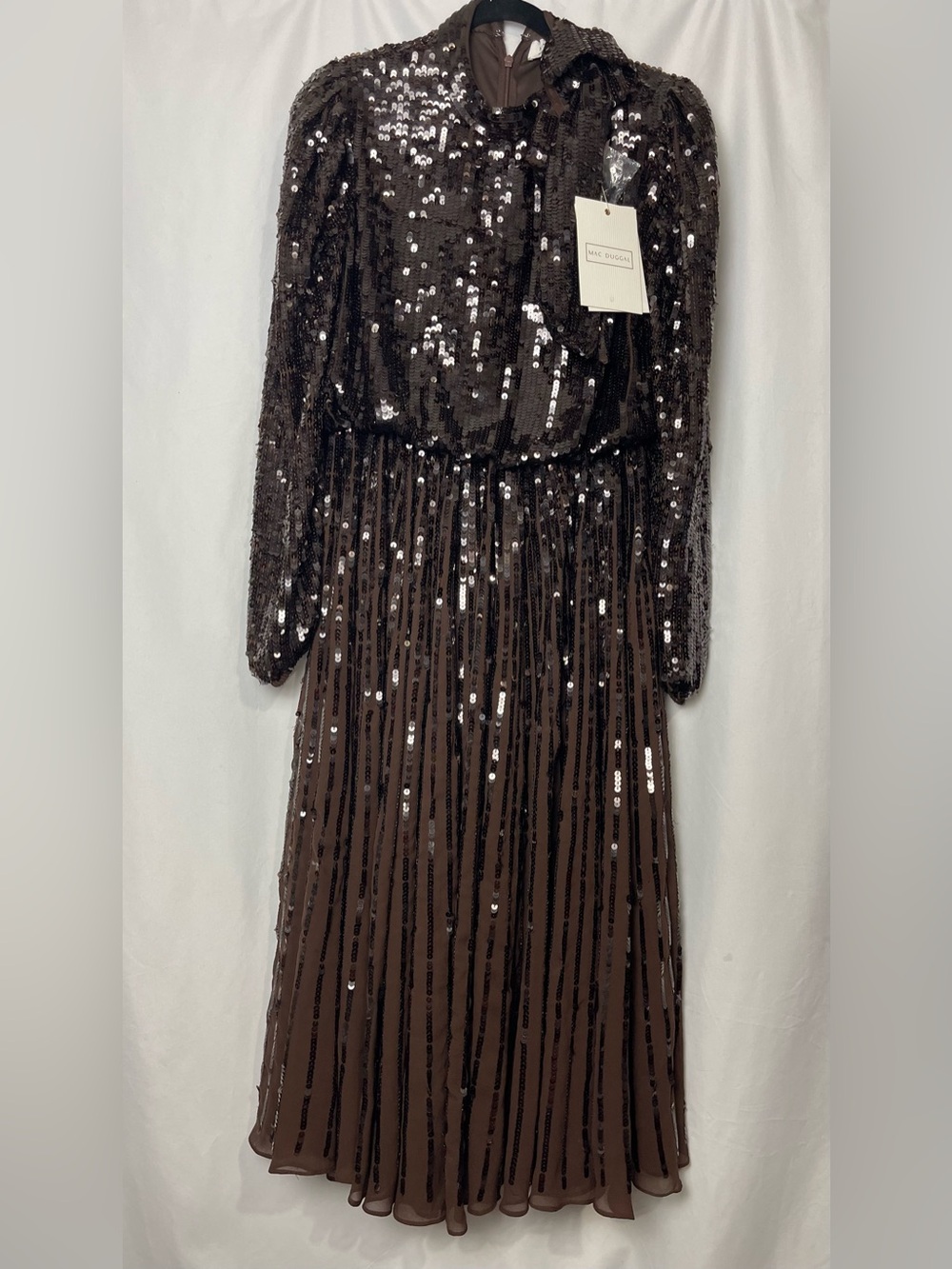 NEW MAC DUGGAL sequin long sleeve tea length dress in dark chocolate